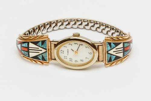 14k Gold Inlayed Watchband by Viola Eriancho, Zuni