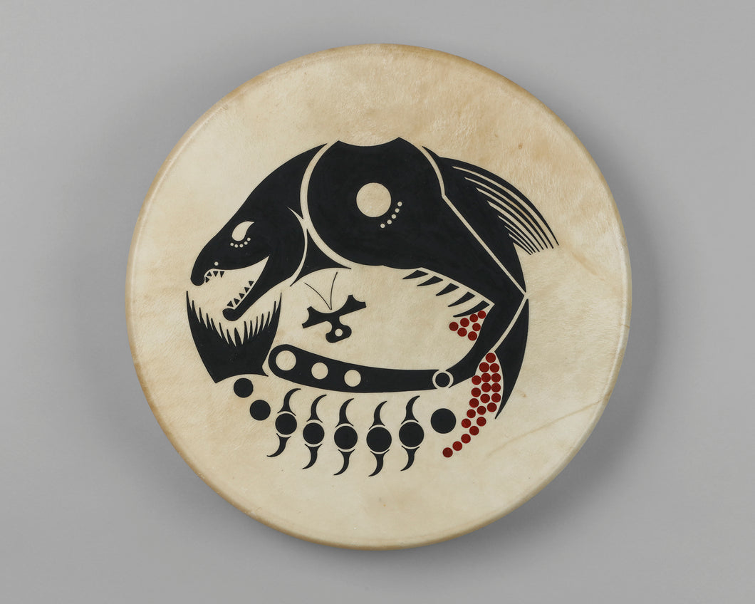 Drum depicting First Salmon by Greg A. Robinson, Chinook