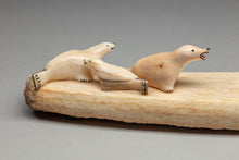 Vintage Scene of Polar Bear and Seals on Walrus Tusk Base, Yup'ik