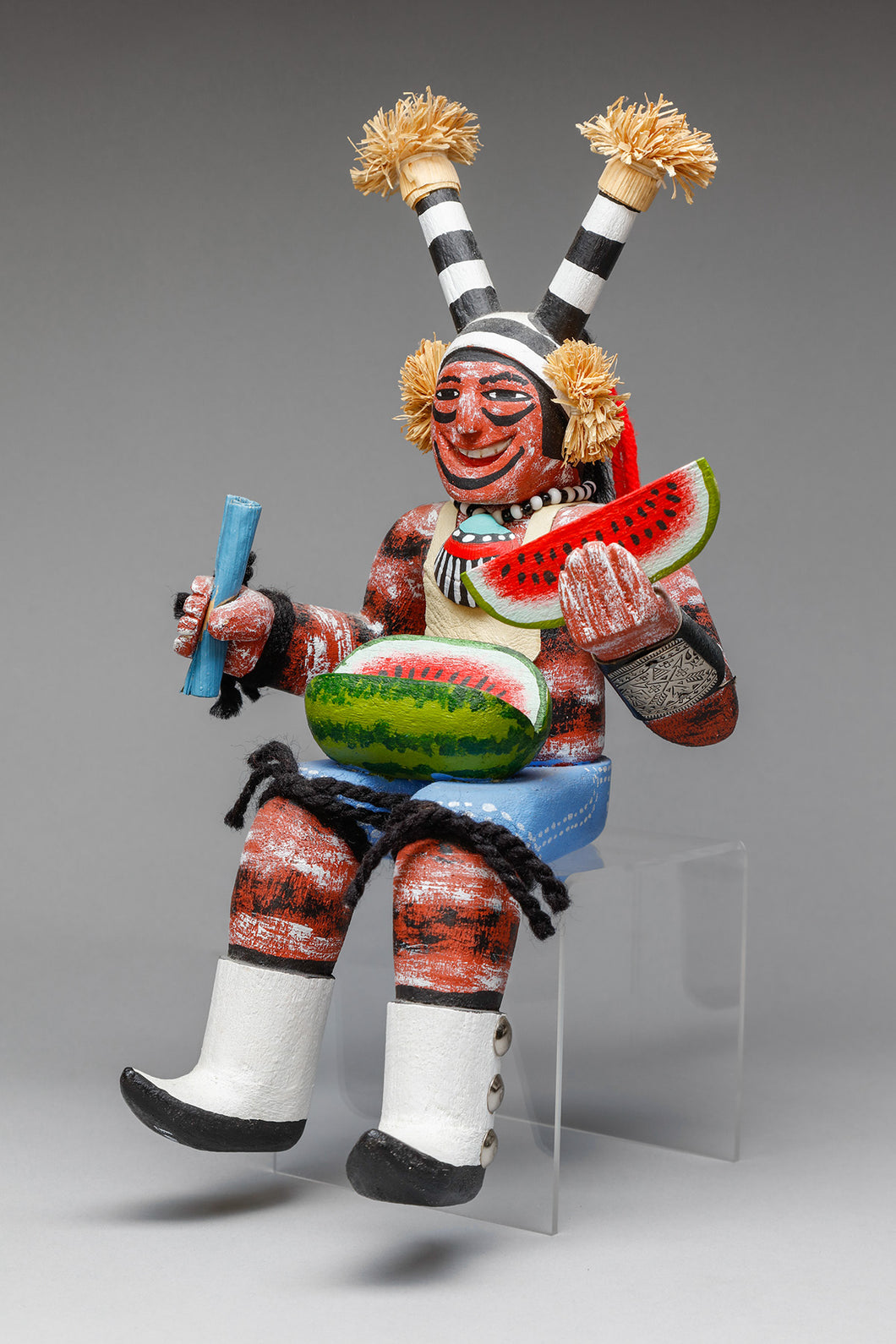 Seated Koshare Clown Kachina with Watermelon by Fletcher Healing, Hopi