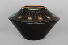 Vessel with Feather Design and Turquoise Inlays by Barbara Gonzales, San Ildefonso Pueblo