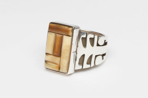 Fossil Ivory Inlay Ring by Gilbert Nelson, Navajo