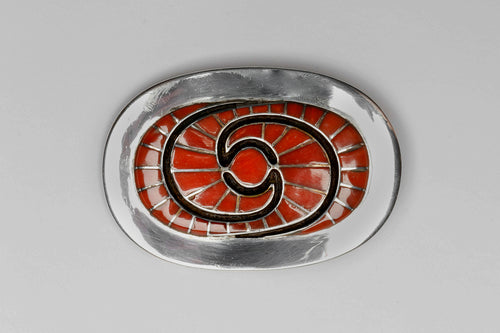 Mediterranean Coral Hummingbird Design Belt Buckle by Amy Quandelacy, Zuni