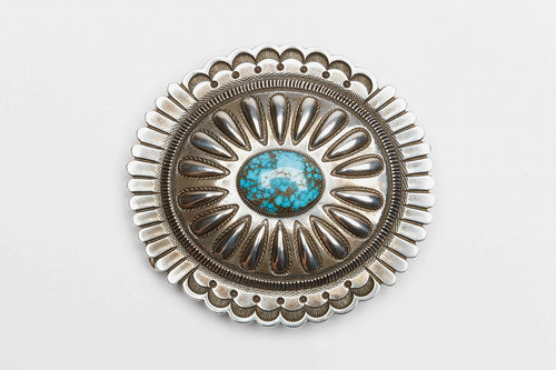 Concho Belt Buckle with No 8 Turquoise Stone by Sammie Kescoli Begay, Navajo