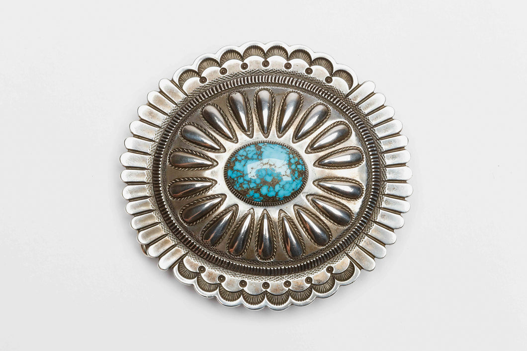 Concho Belt Buckle with No 8 Turquoise Stone by Sammie Kescoli Begay, Navajo
