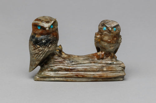 Two Owls on Branch Fetish Carving by Arvella Cheama, Zuni