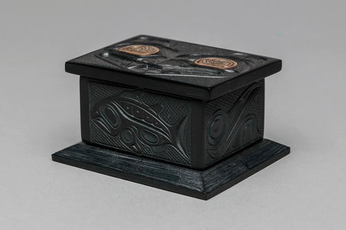 Box Carving Depicting Salmon, Eagle, Raven, Hummingbird and Bear by Glen Pollard, 1984, Haida