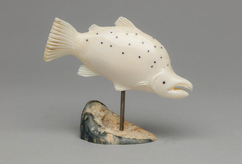 Salmon Carving on Blue Ivory Base by Dennis Pungowiyi, Inupiaq
