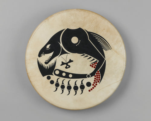 Drum depicting First Salmon by Greg A. Robinson, Chinook