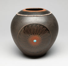 Pot with Spider, Avanyu and Feather Designs by Barbara Gonzales, San Ildefonso