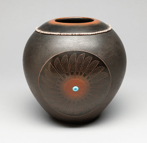 Pot with Spider, Avanyu and Feather Designs by Barbara Gonzales, San Ildefonso