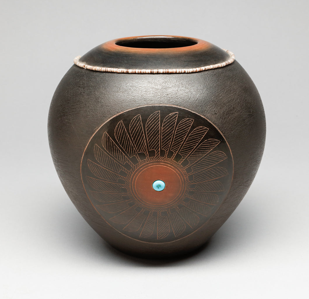 Pot with Spider, Avanyu and Feather Designs by Barbara Gonzales, San Ildefonso