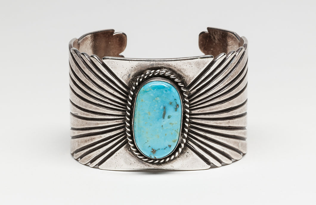 Heavy Cuff Bracelet with Turquoise Stone, Navajo