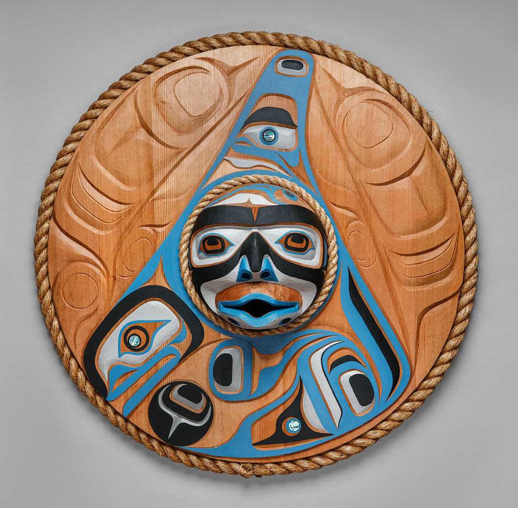 Panel depicting Orca Moon by Jason Henry Hunt, Kwakwaka'wakw