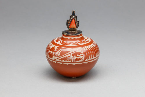 Incised Redware Jar with Sterling Silver Lid by Delores Curran, Santa Clara Pueblo