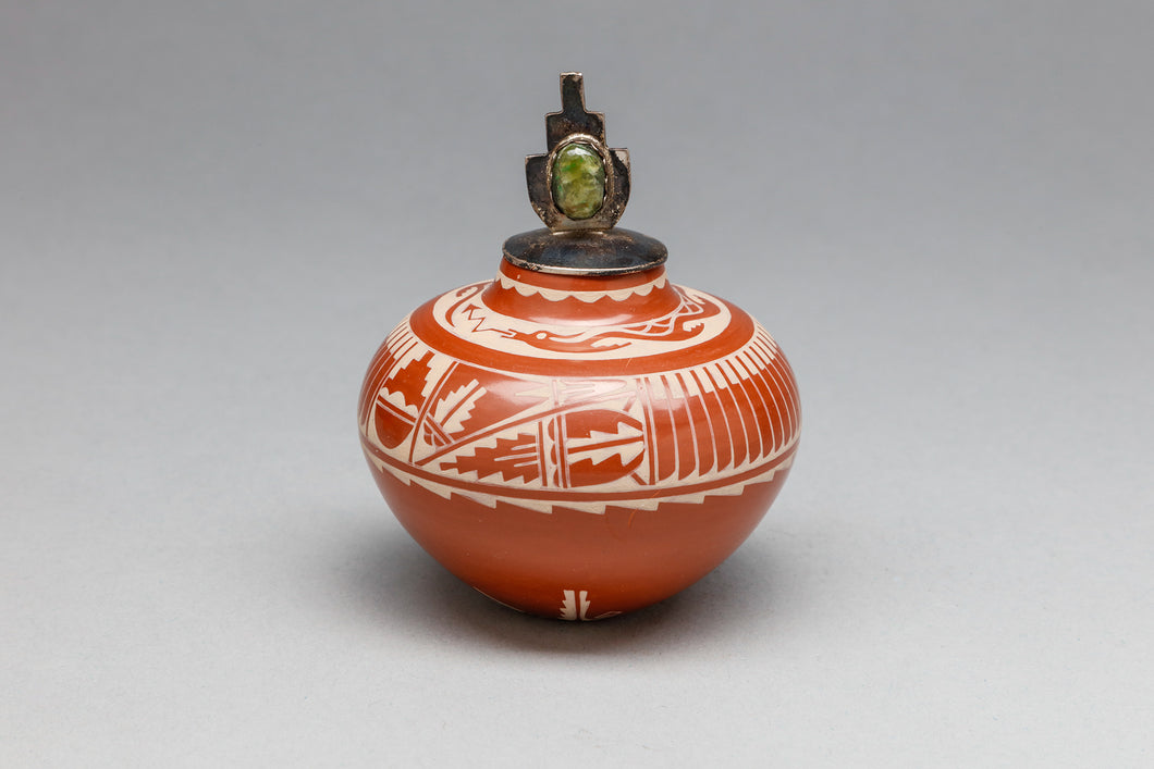 Incised Redware Jar with Sterling Silver Lid by Delores Curran, Santa Clara Pueblo