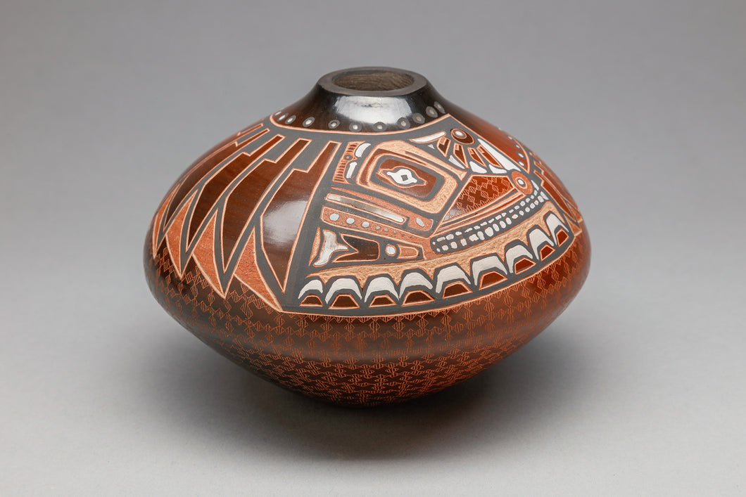 Pot with Northwest Coast Designs by Susan Folwell, Santa Clara Pueblo