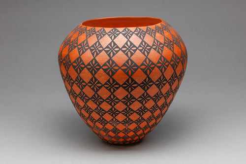 Red Pot with Geometric Floral Design by Kevin Trancosa, San Felipe Pueblo