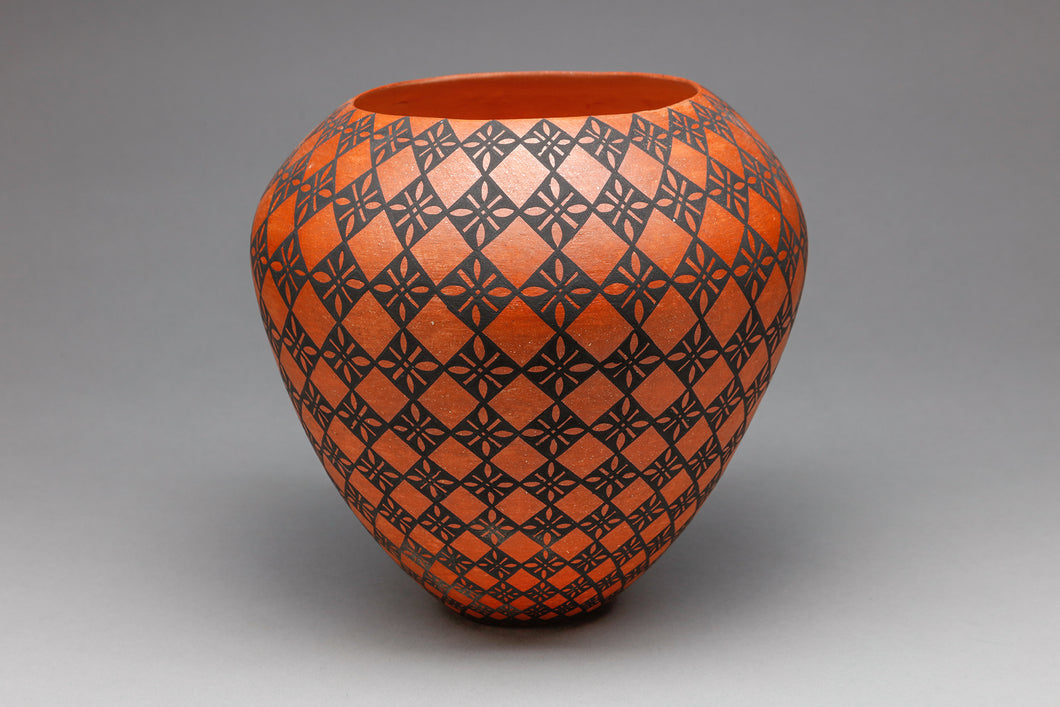 Red Pot with Geometric Floral Design by Kevin Trancosa, San Felipe Pueblo