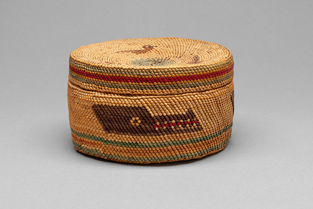 Historic Lidded Makah Basket with Wolf Headdress Designs, c. 1920